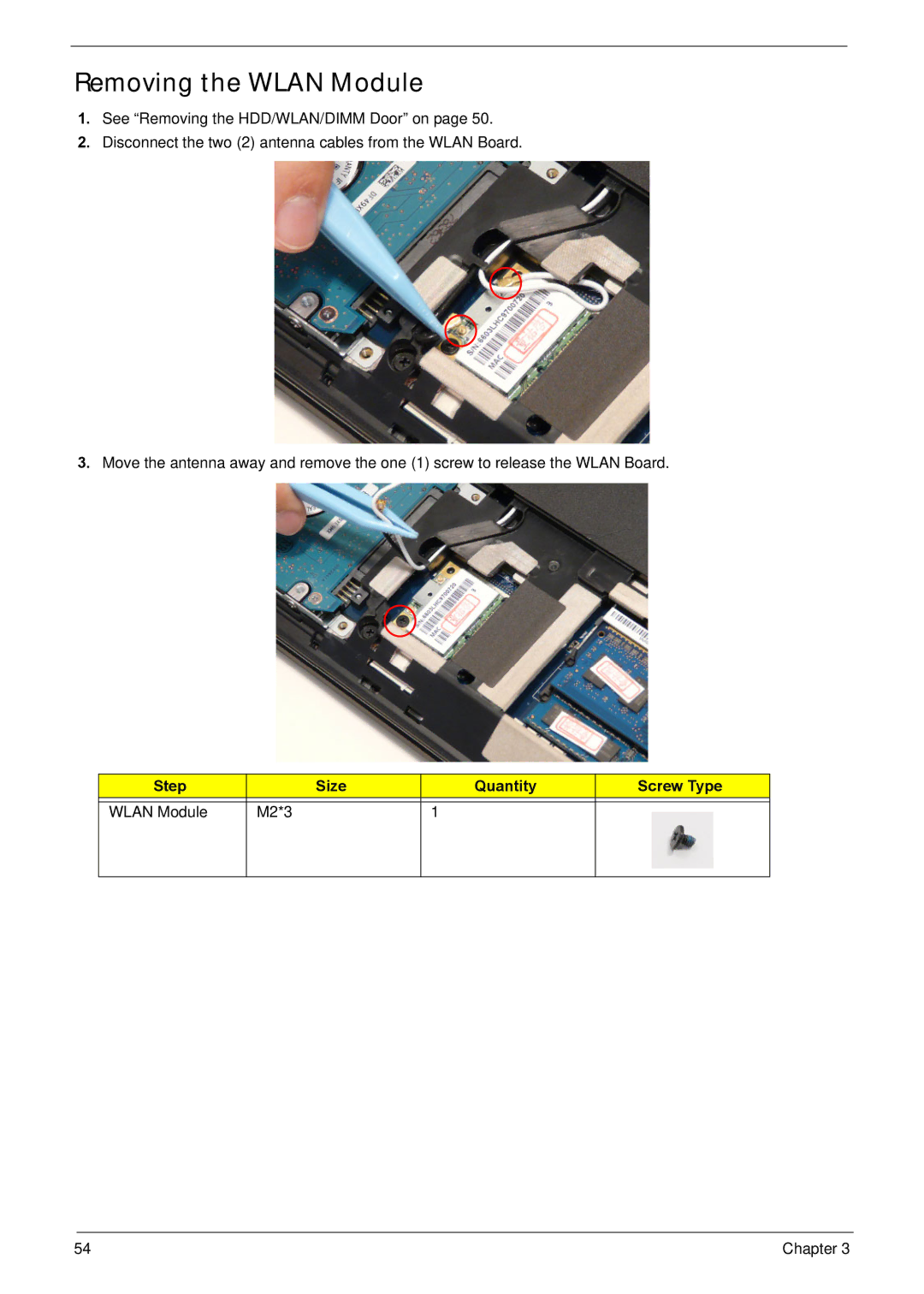 Acer NV59C manual Removing the Wlan Module, Step Size Quantity Screw Type Wlan Module M2*3 