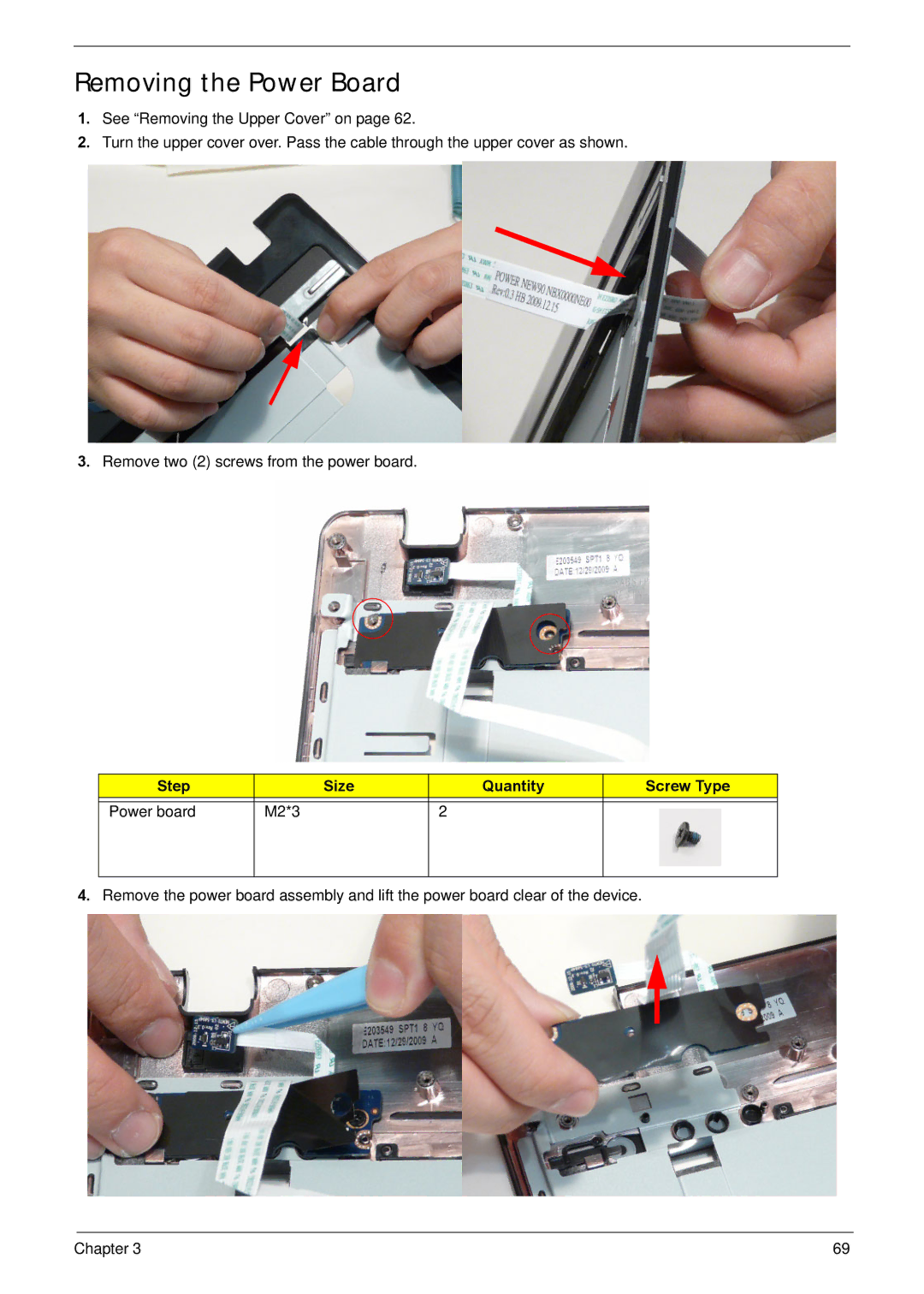 Acer NV59C manual Removing the Power Board, Step Size Quantity Screw Type Power board M2*3 