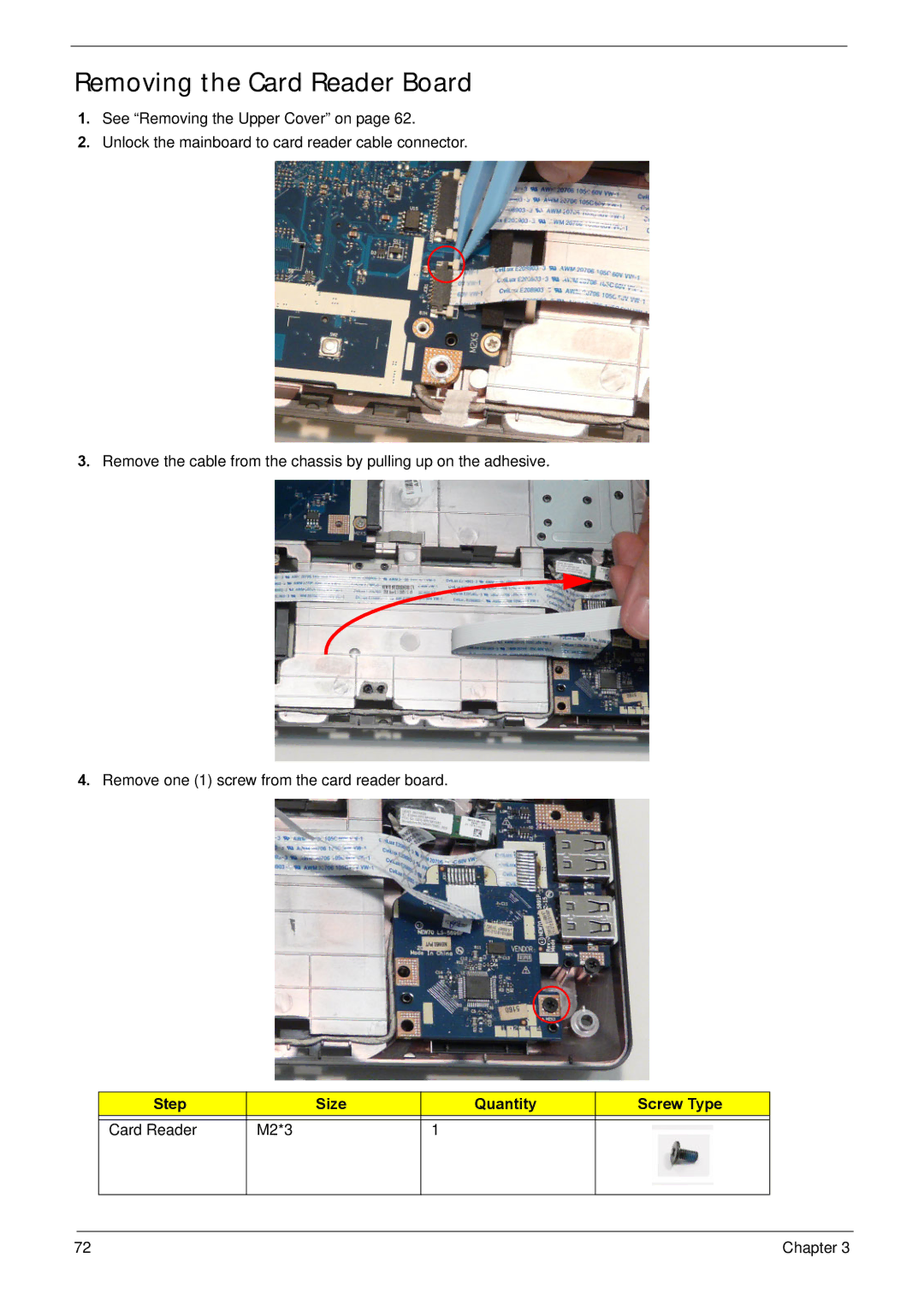 Acer NV59C manual Removing the Card Reader Board, Step Size Quantity Screw Type Card Reader M2*3 