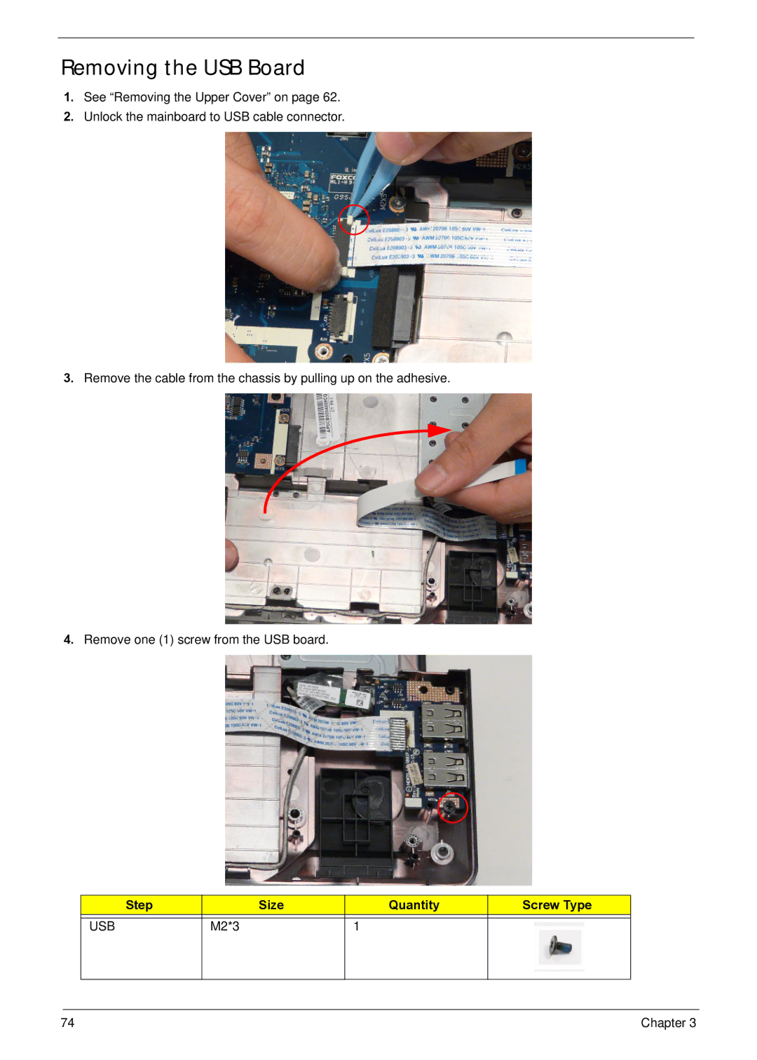 Acer NV59C manual Removing the USB Board, Usb 