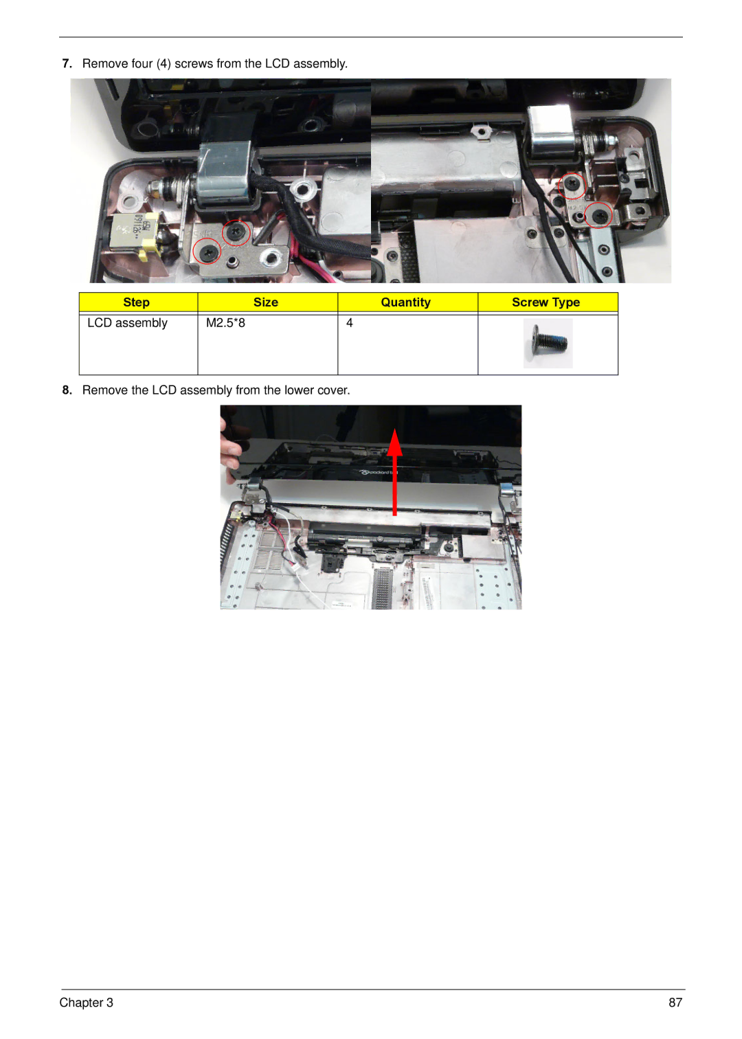 Acer NV59C manual Step Size Quantity Screw Type LCD assembly M2.5*8 