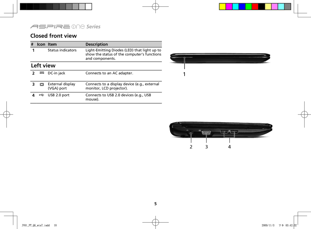 Acer One 532H manual Closed front view, Left view 