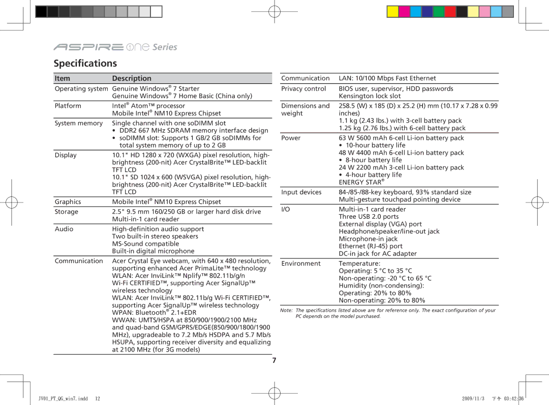 Acer One 532H manual Specifications, Tft Lcd 