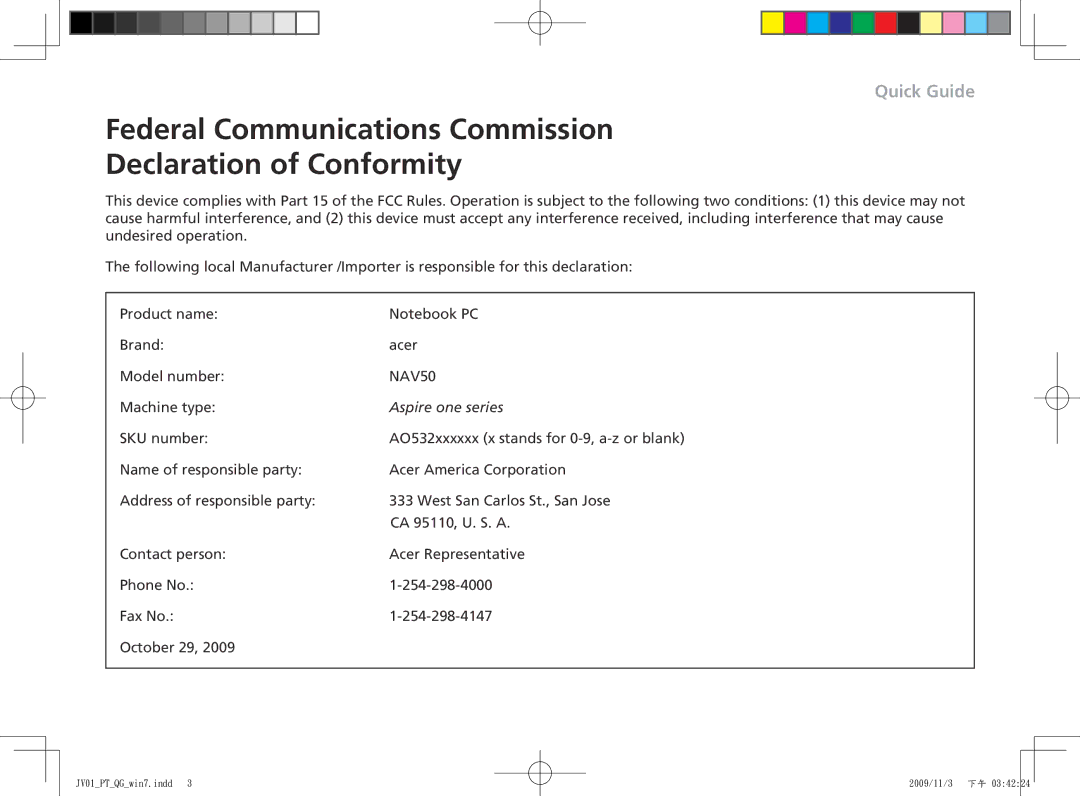 Acer One 532H manual Federal Communications Commission Declaration of Conformity, Aspire one series 