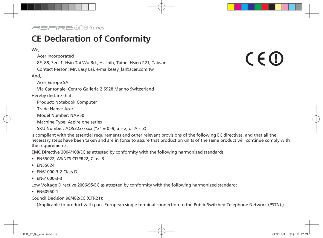 Acer One 532H manual CE Declaration of Conformity 