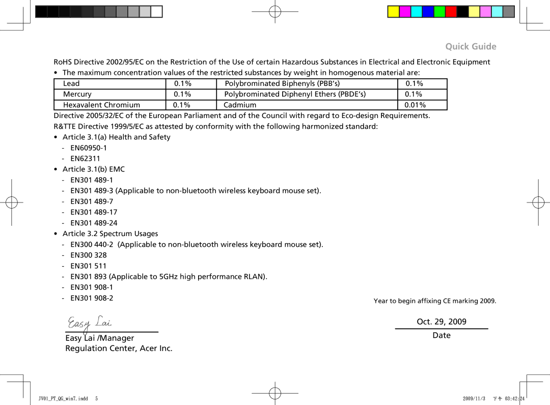 Acer One 532H manual Easy Lai /Manager Regulation Center, Acer Inc 