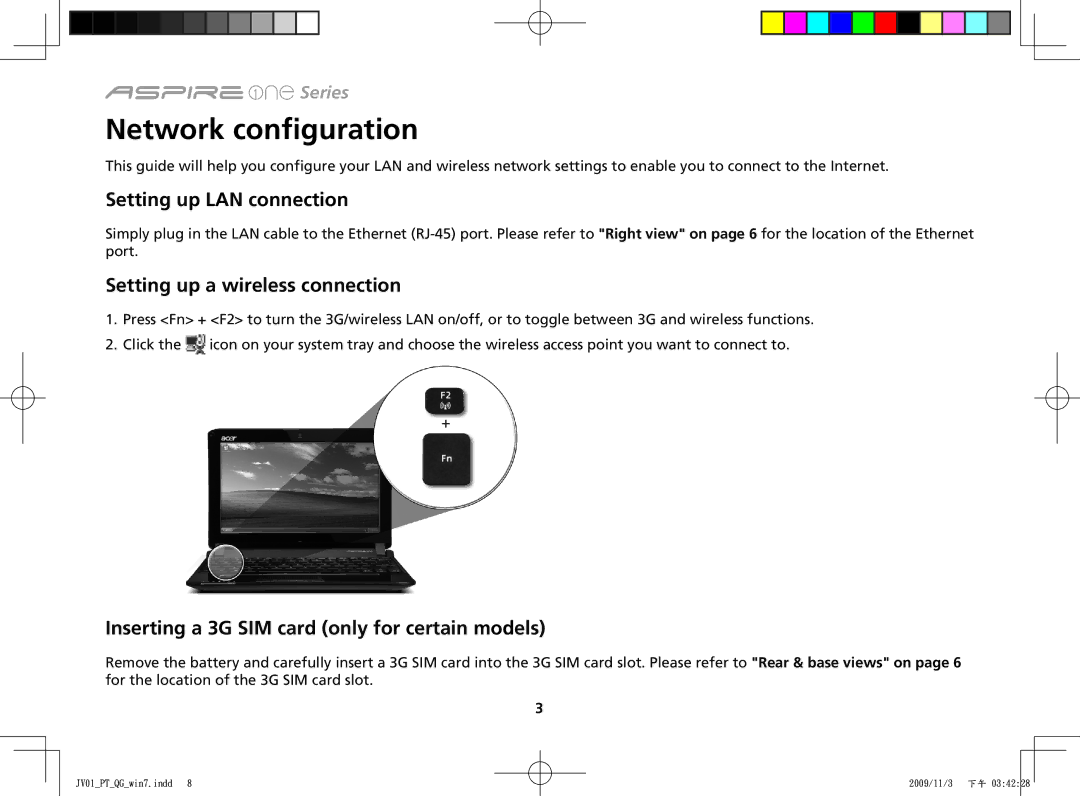 Acer One 532H manual Network configuration, Setting up LAN connection, Setting up a wireless connection 