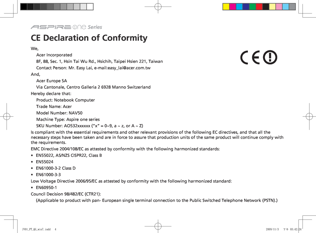 Acer One 532H manual CE Declaration of Conformity, Series 