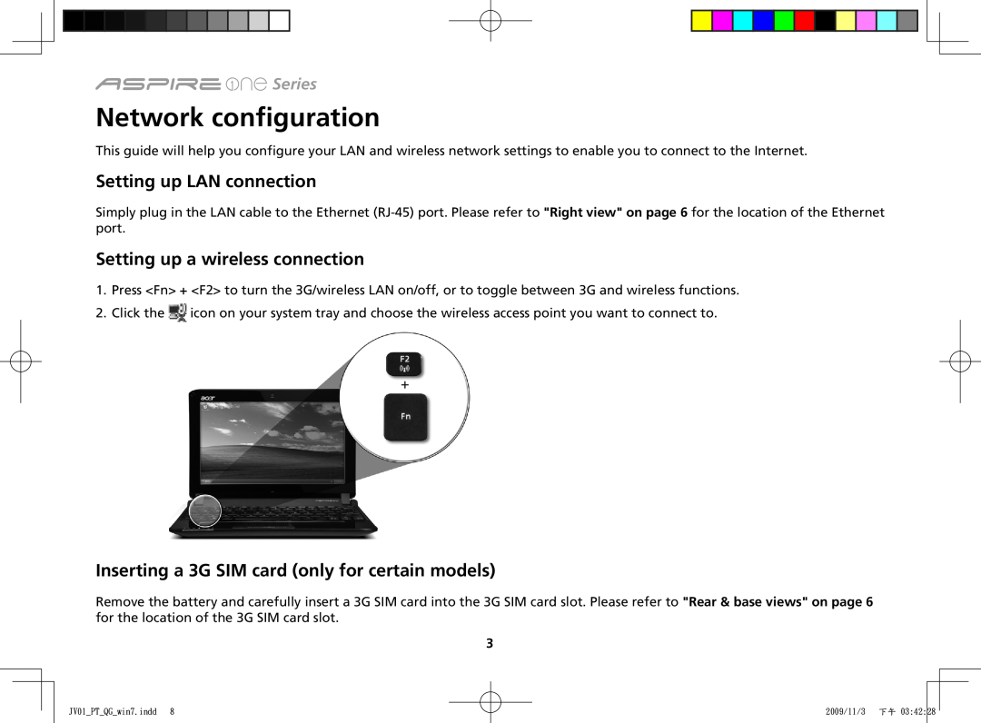 Acer One 532H manual Network configuration, Setting up LAN connection, Setting up a wireless connection, Series 