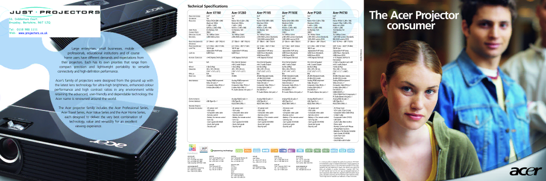 Acer P1165E, X1260, PH730 technical specifications Acer.co.uk Acer.cz Acer.no Acer.pl Acer.ru Acer.co.za, Acercomputer.se 