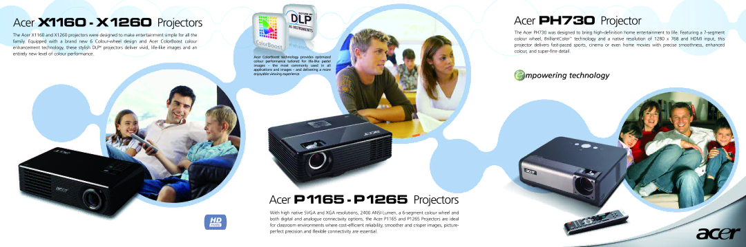 Acer P1165E technical specifications Acer X1160 X1260 Projectors, Acer P1165-P1265Projectors, Acer PH730 Projector 