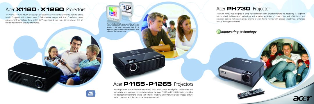 Acer P1165E technical specifications Acer X1160 - X1260 Projectors, Acer P1165-P1265 Projectors, Acer PH730 Projector 