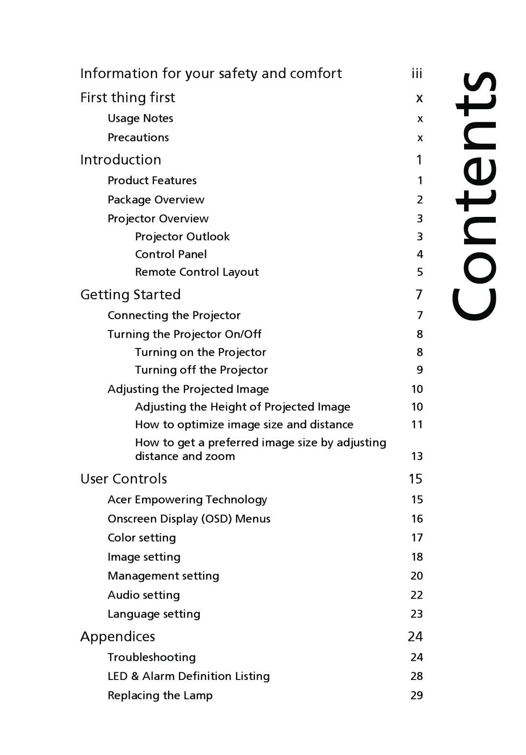 Acer P5270, P1265 manual Contents 