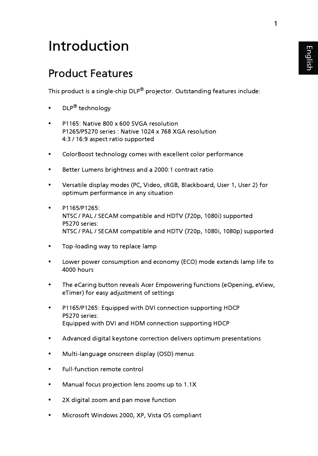 Acer P5270, P1265 manual Introduction, Product Features 