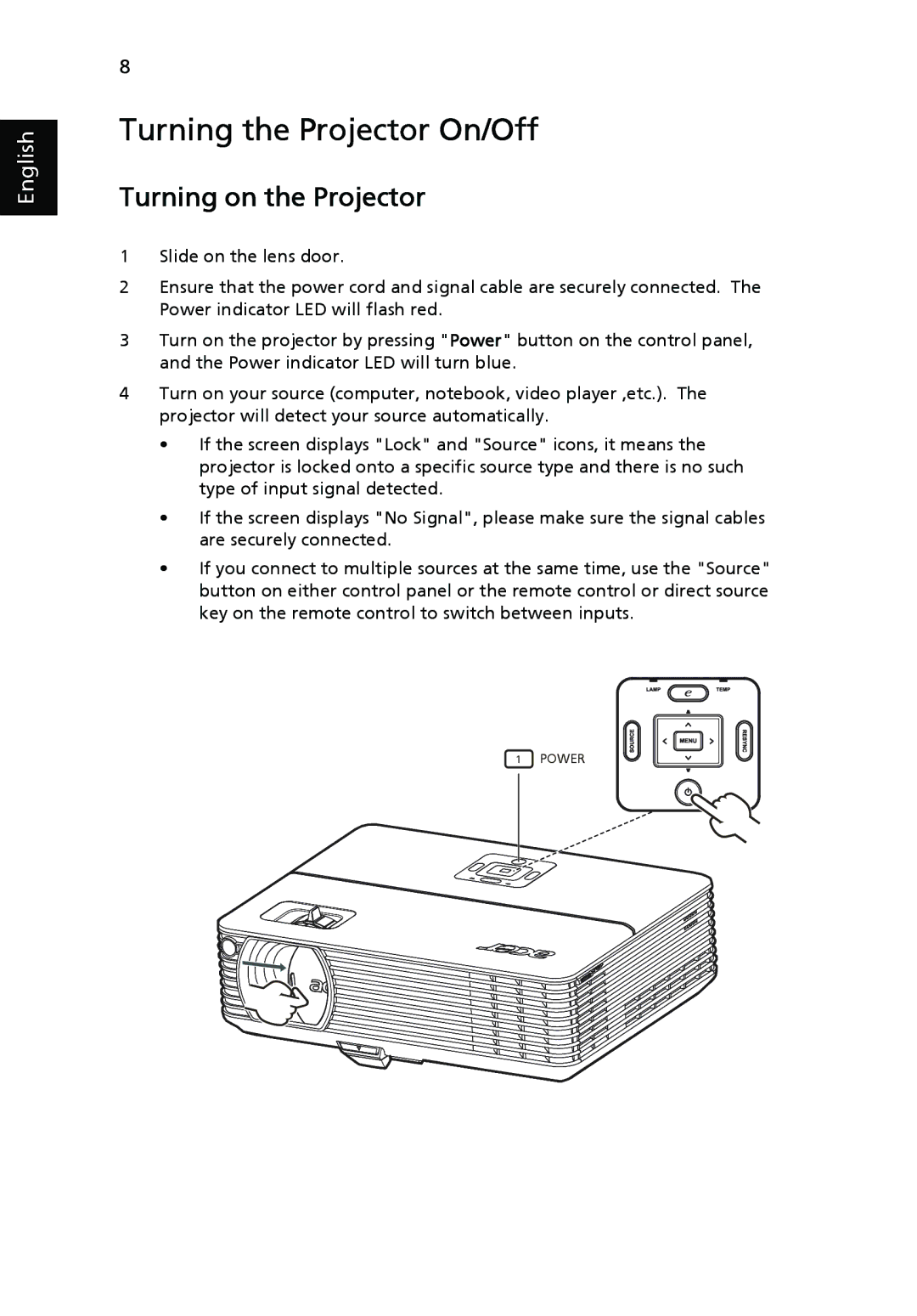 Acer P1265, P5270 manual Turning the Projector On/Off, Turning on the Projector 