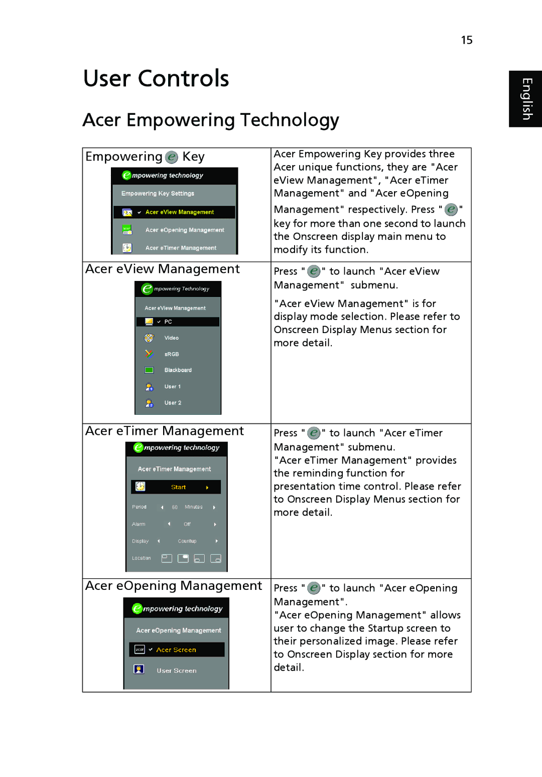 Acer P5270, P1265 manual Acer Empowering Technology, Empowering Key, Acer eView Management, Acer eTimer Management 