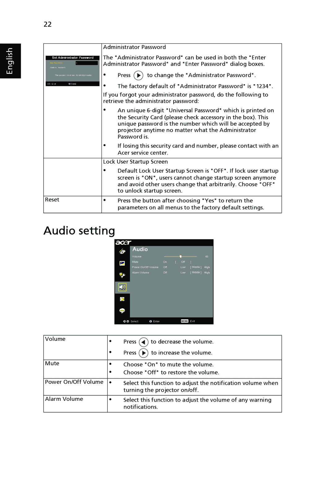 Acer P1265, P5270 manual Audio setting 