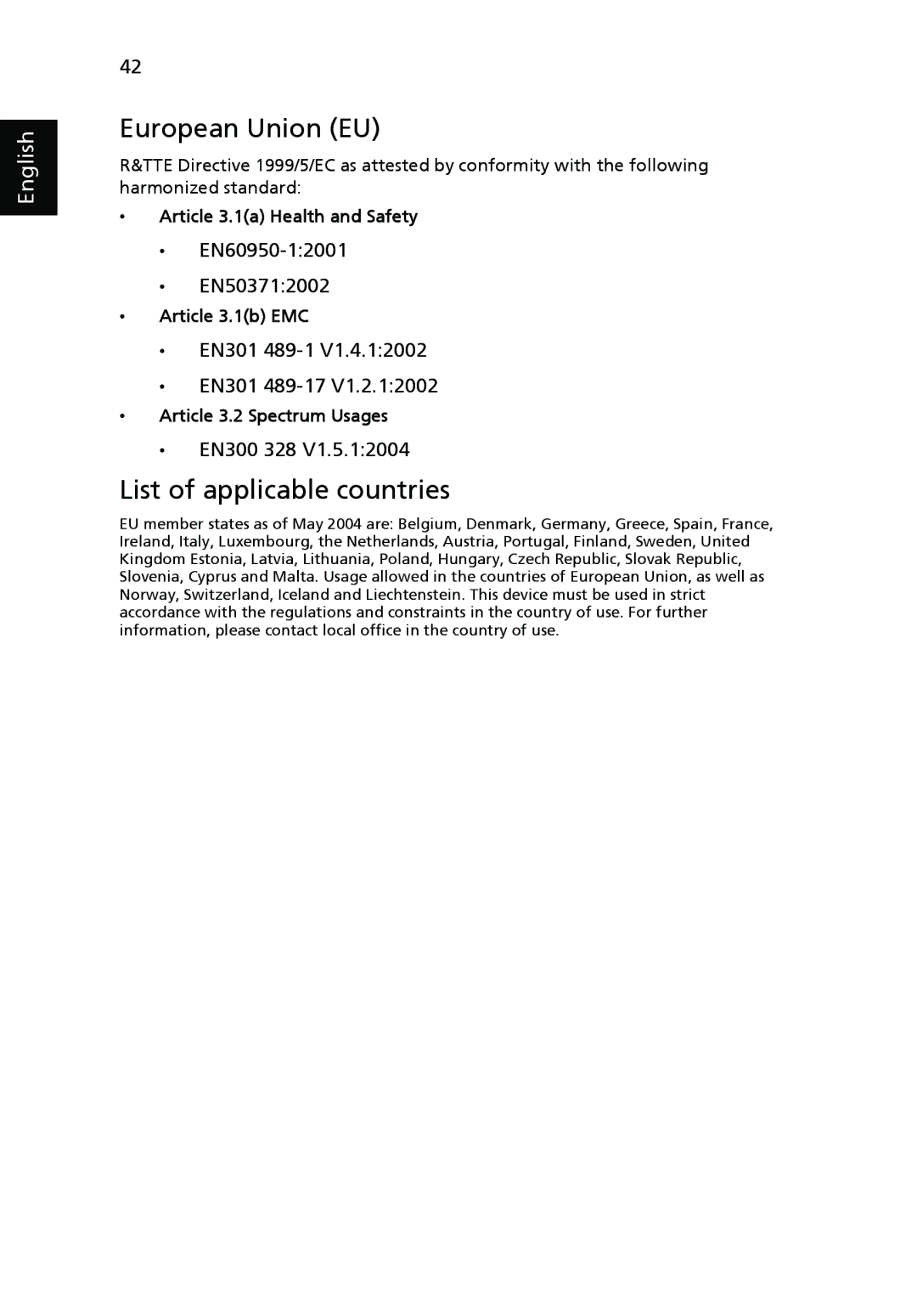 Acer P1265, P5270 manual European Union EU, List of applicable countries 