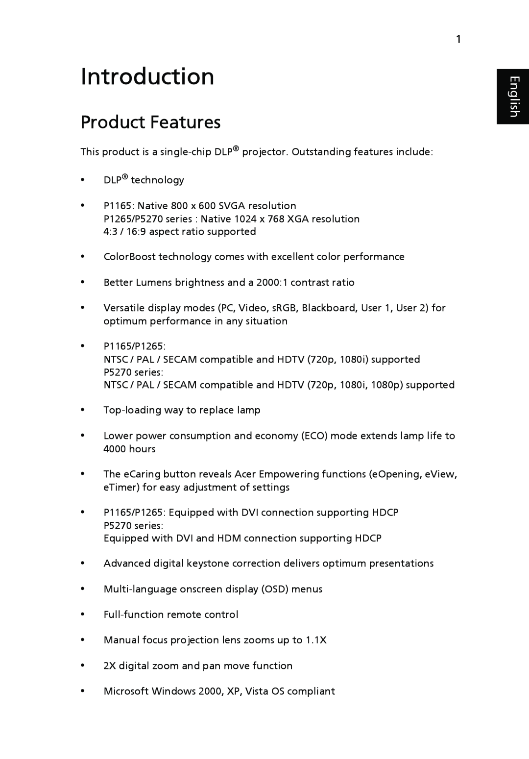 Acer P5270, P1265 manual Introduction, Product Features, English 