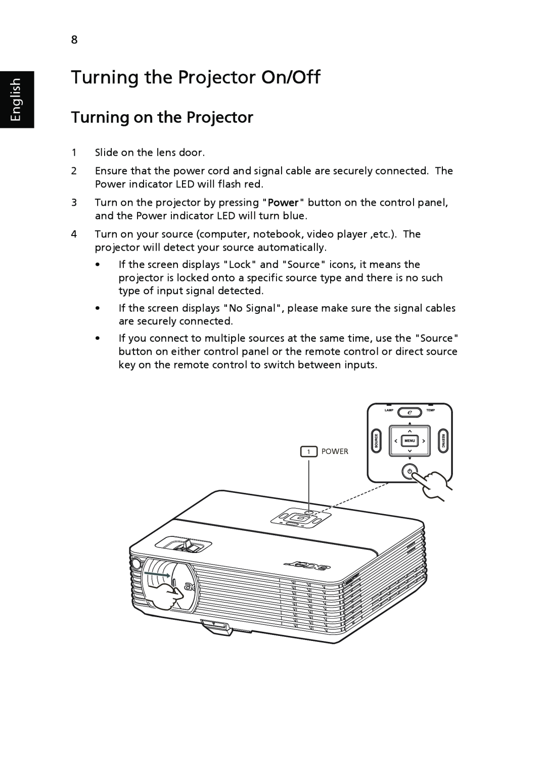 Acer P1265, P5270 manual Turning the Projector On/Off, Turning on the Projector, English 