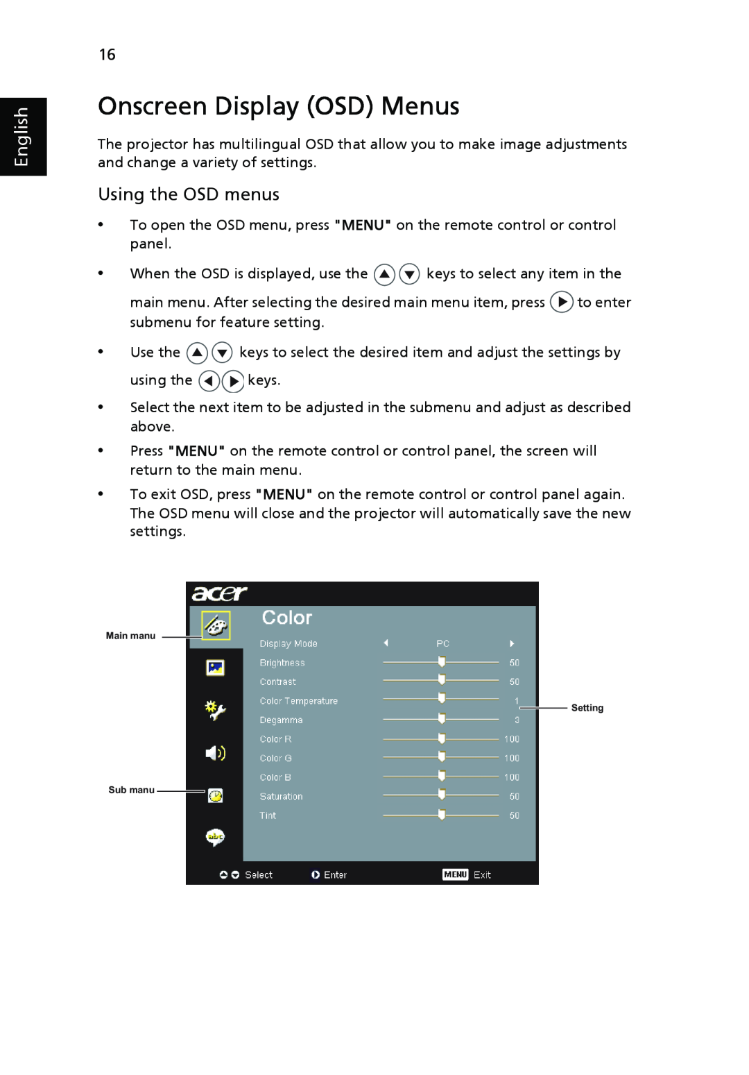 Acer P1265, P5270 manual Onscreen Display OSD Menus, Using the OSD menus, English 