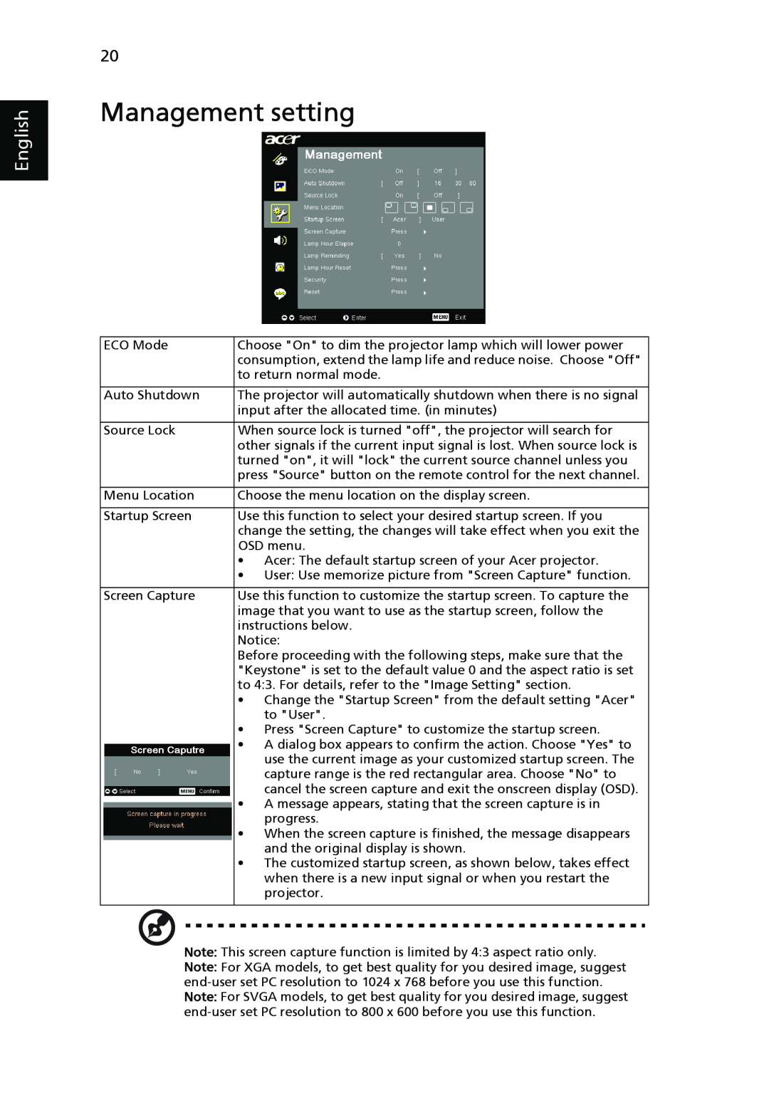 Acer P1265, P5270 manual Management setting, English 