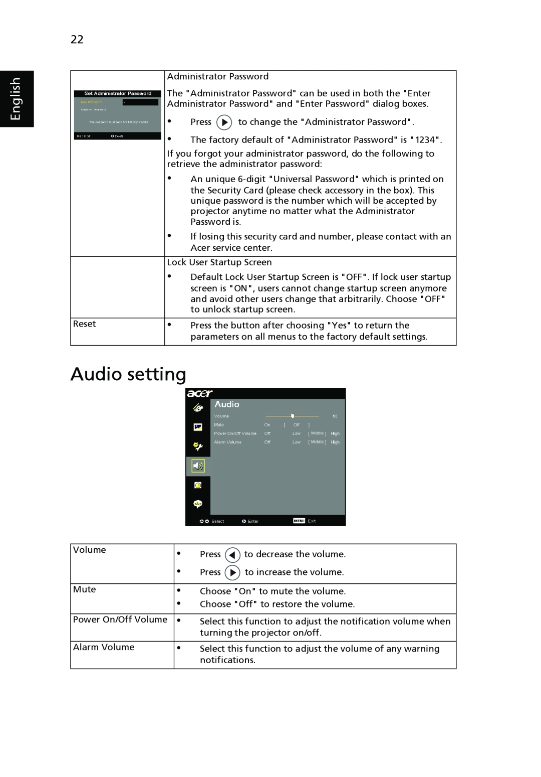 Acer P1265, P5270 manual Audio setting, English 
