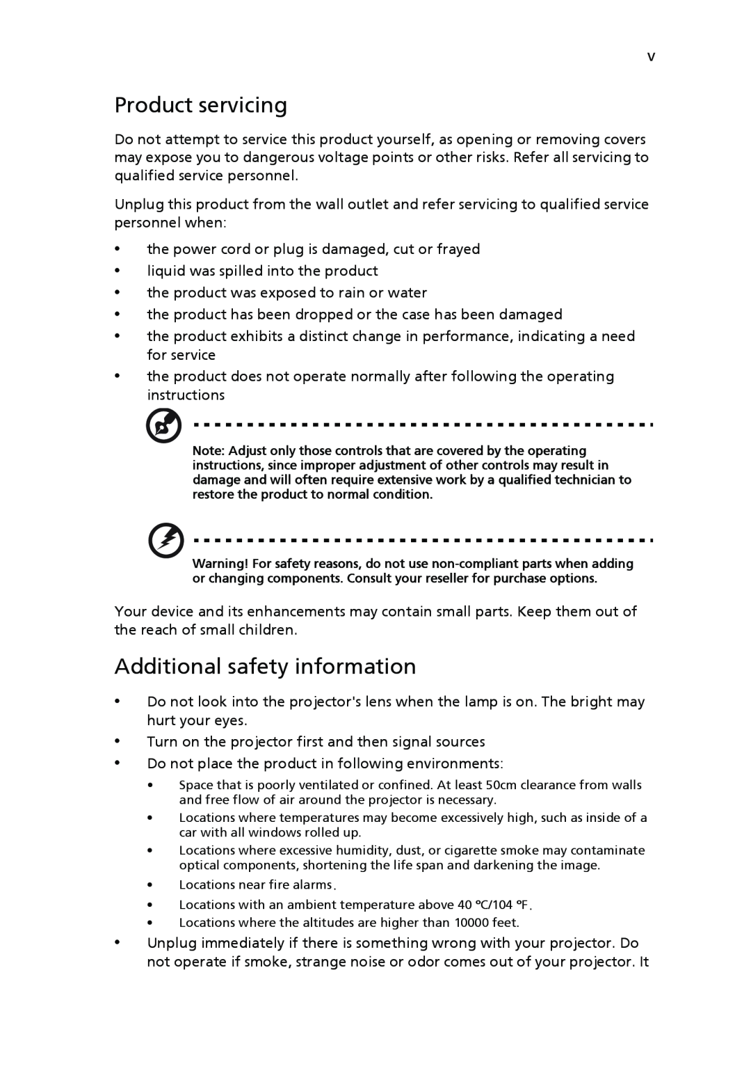 Acer P5270, P1265 manual Product servicing, Additional safety information 