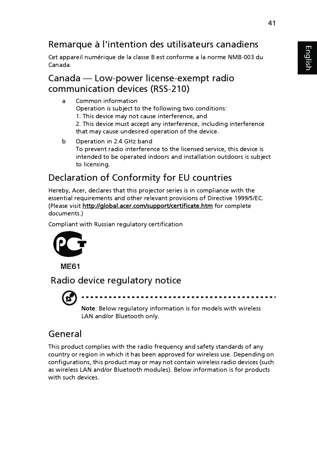 Acer P5270 Remarque à lintention des utilisateurs canadiens, Declaration of Conformity for EU countries, General, English 