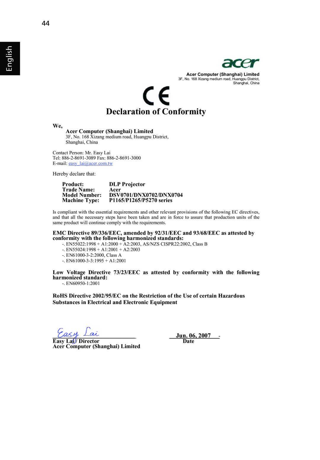 Acer P1265, P5270 manual Declaration of Conformity, English, Jun. 06 