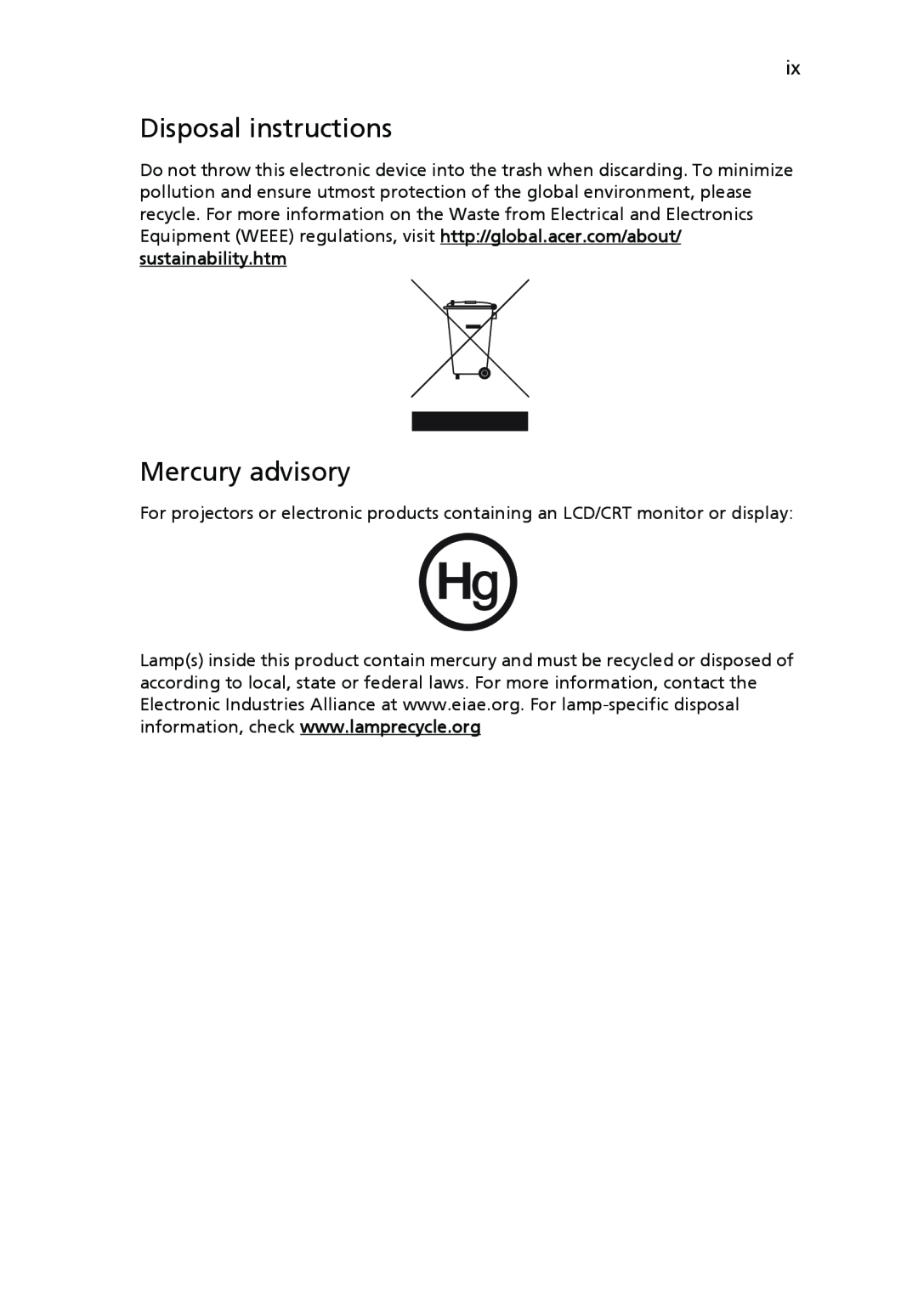 Acer P5270, P1265 manual Disposal instructions, Mercury advisory 