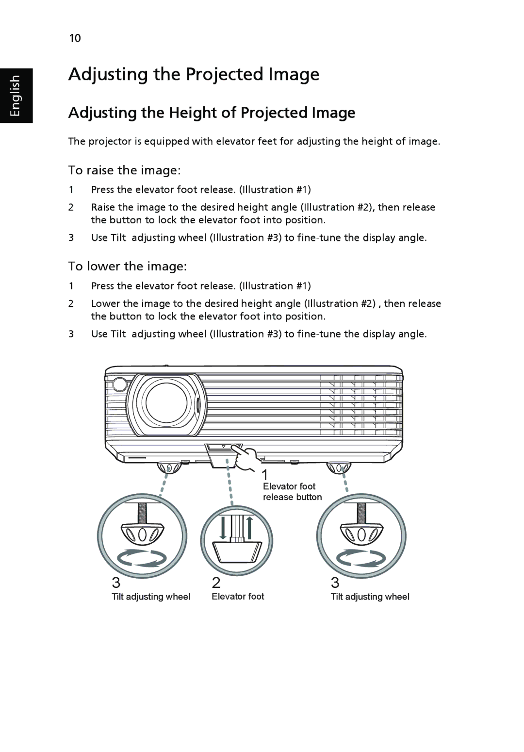 Acer P1265 Adjusting the Projected Image, Adjusting the Height of Projected Image, To raise the image, To lower the image 