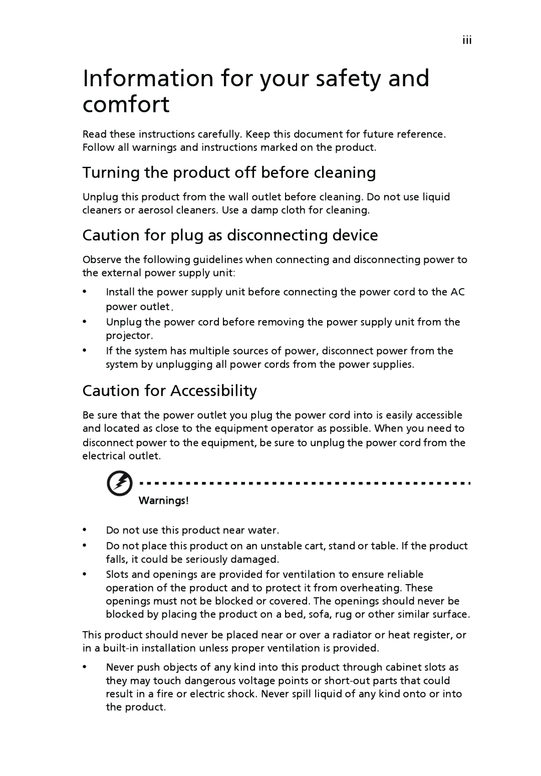 Acer P1265 manual Information for your safety and comfort, Turning the product off before cleaning 