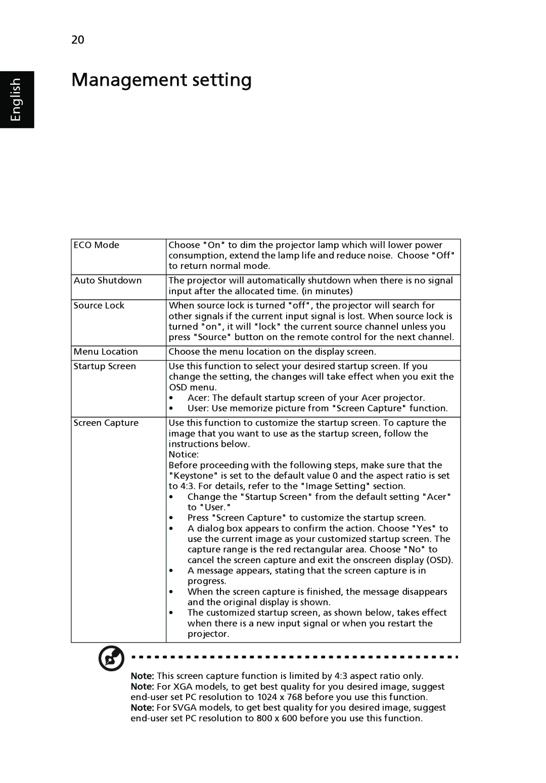 Acer P1265 manual Management setting 