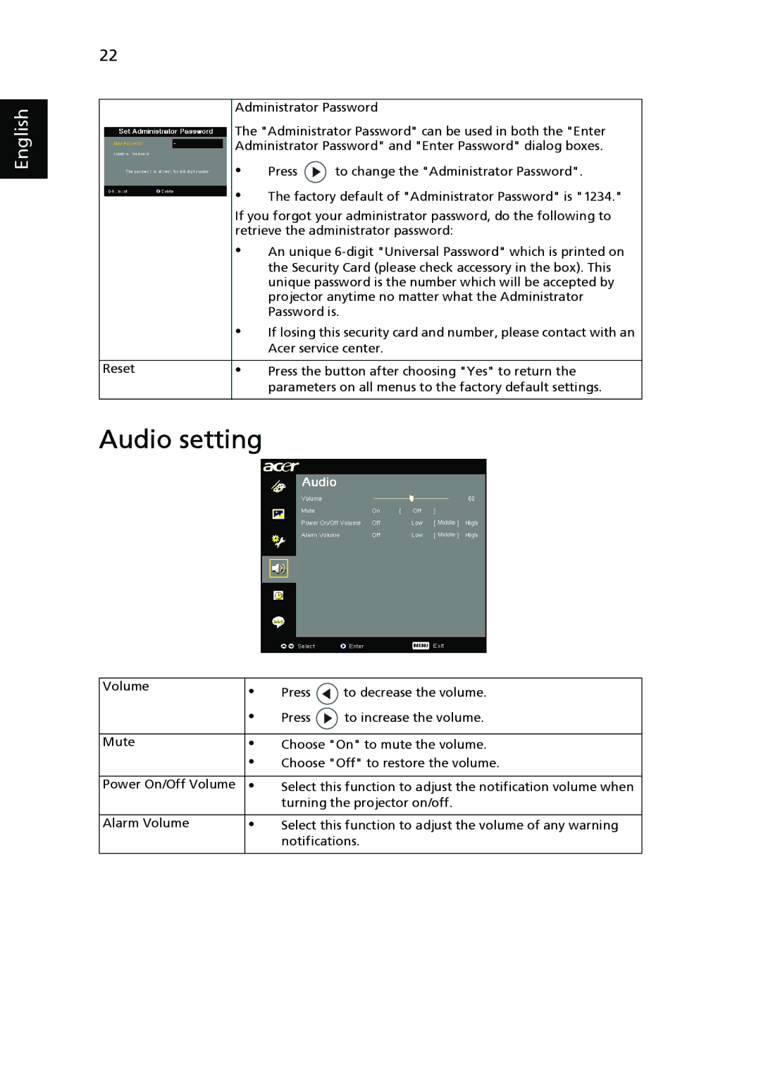 Acer P1265 manual Audio setting 