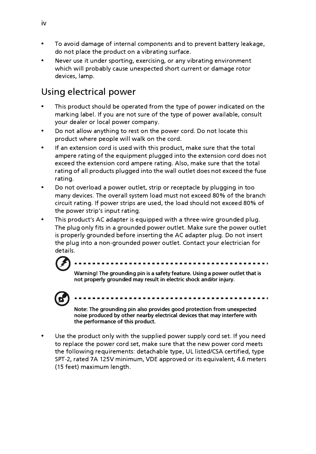 Acer P1265 manual Using electrical power 