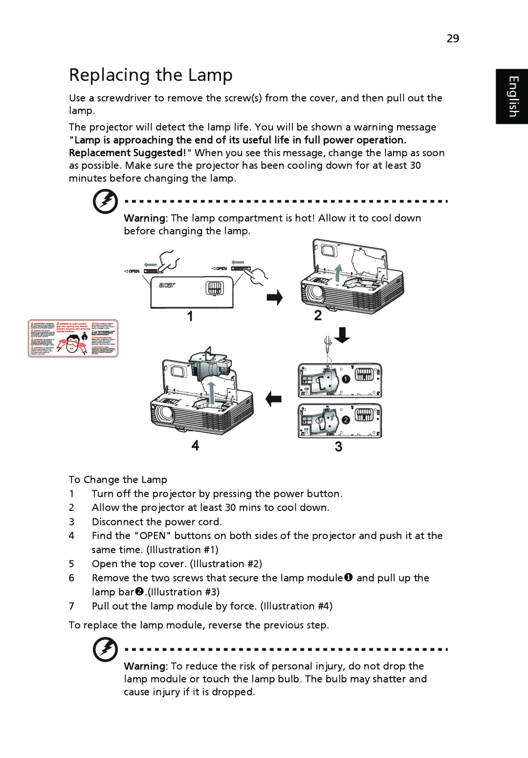 Acer P1265 manual Replacing the Lamp 