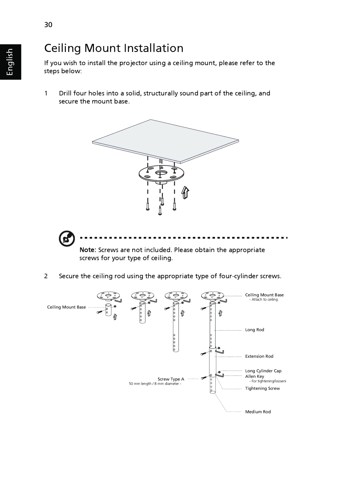 Acer P1265 manual Ceiling Mount Installation 