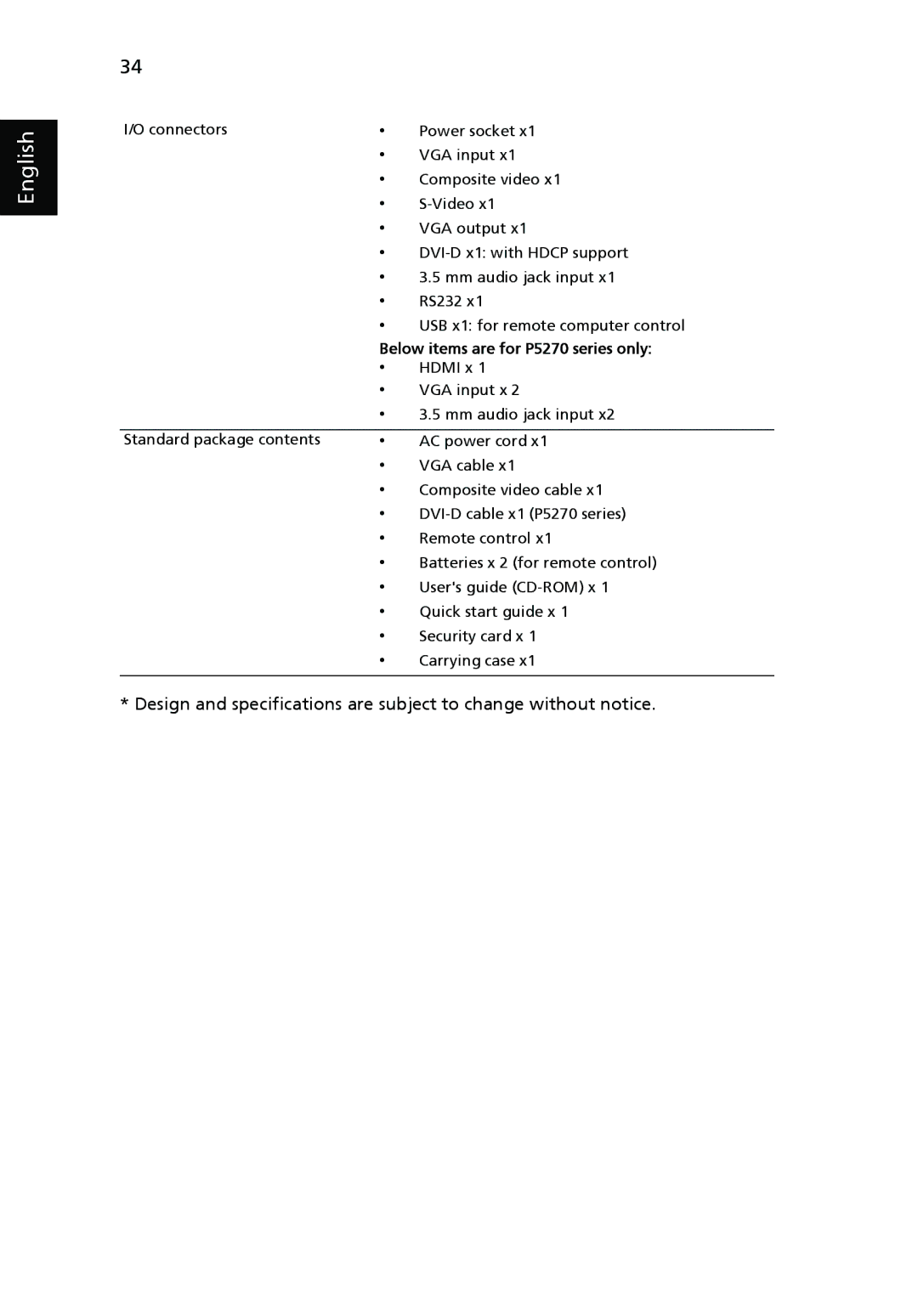 Acer P1265 manual Below items are for P5270 series only 