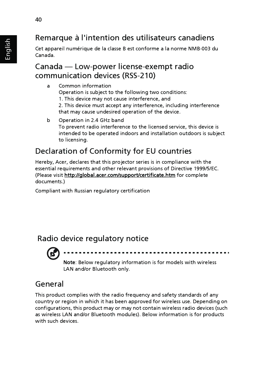 Acer P1265 manual Remarque à lintention des utilisateurs canadiens, Declaration of Conformity for EU countries 