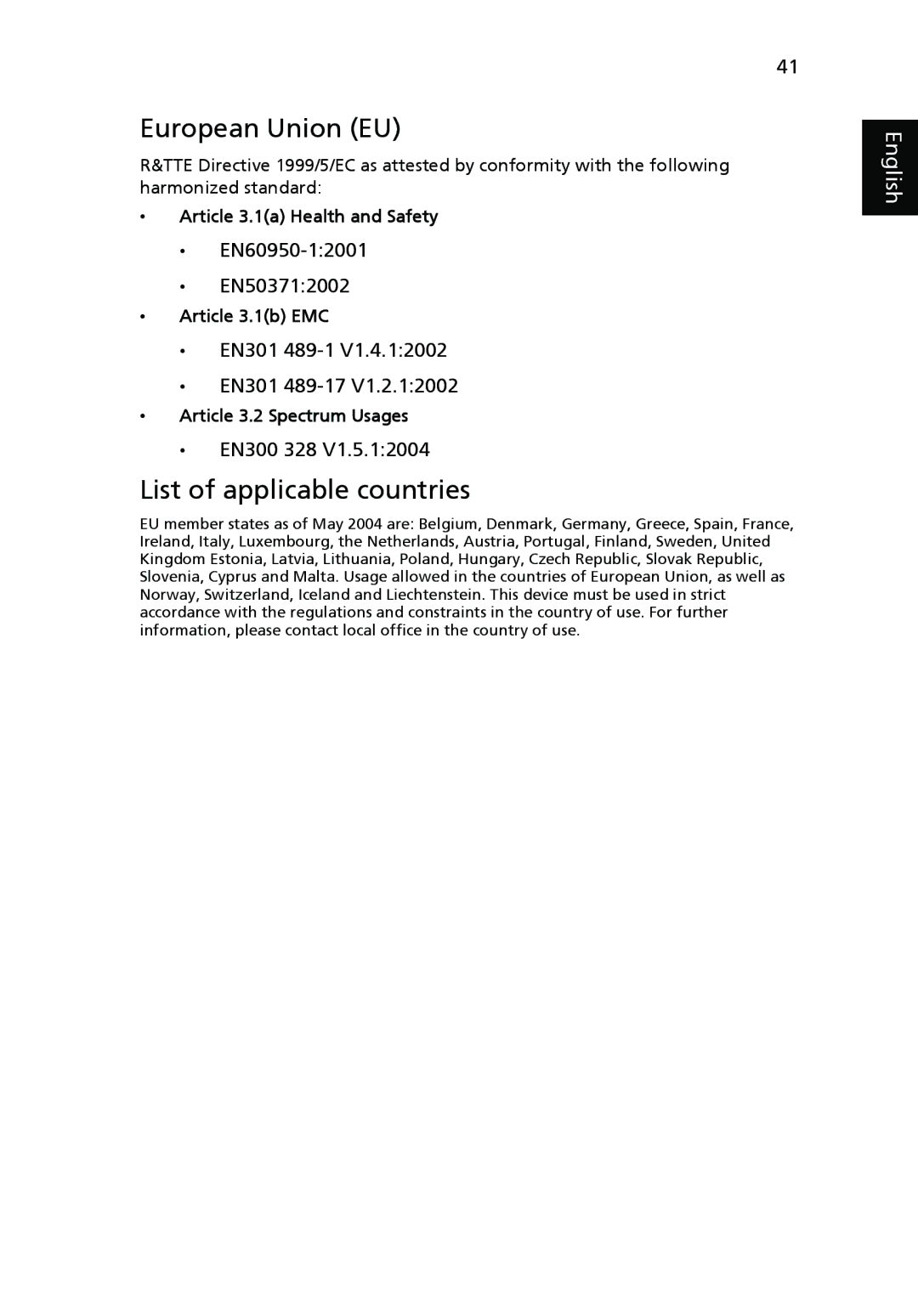 Acer P1265 manual European Union EU, List of applicable countries 