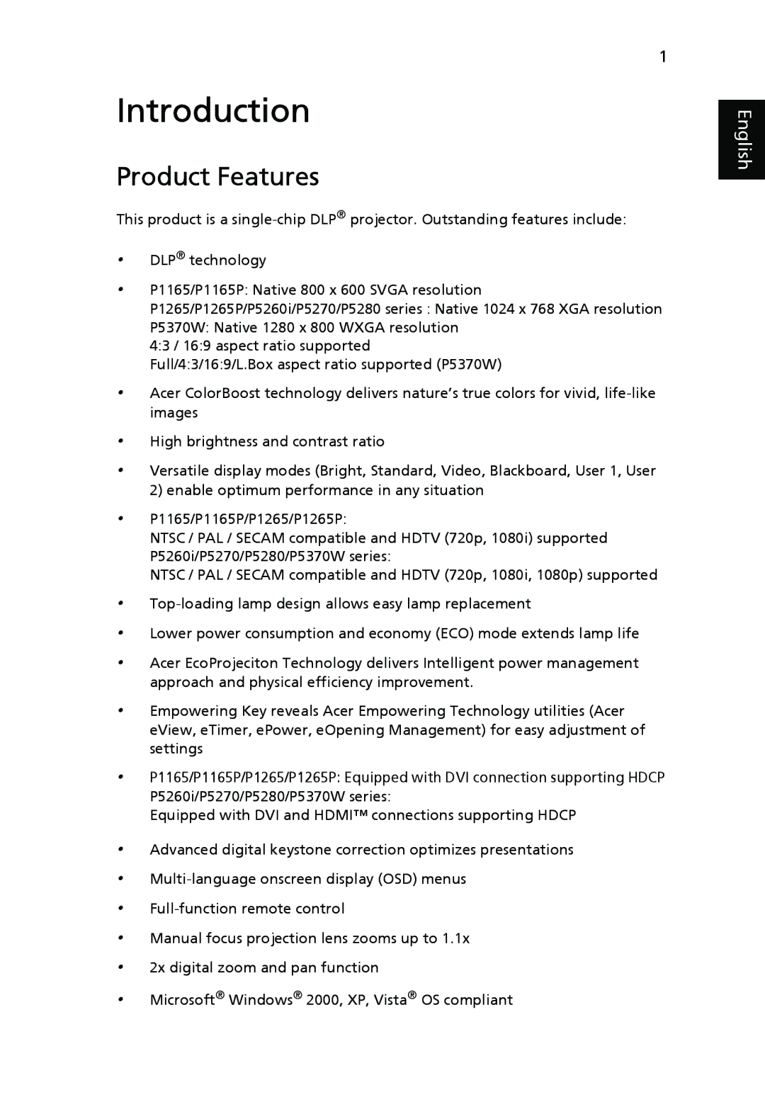 Acer P5270, P1265P, P1165P, P5370W, P5260i manual Introduction, Product Features 