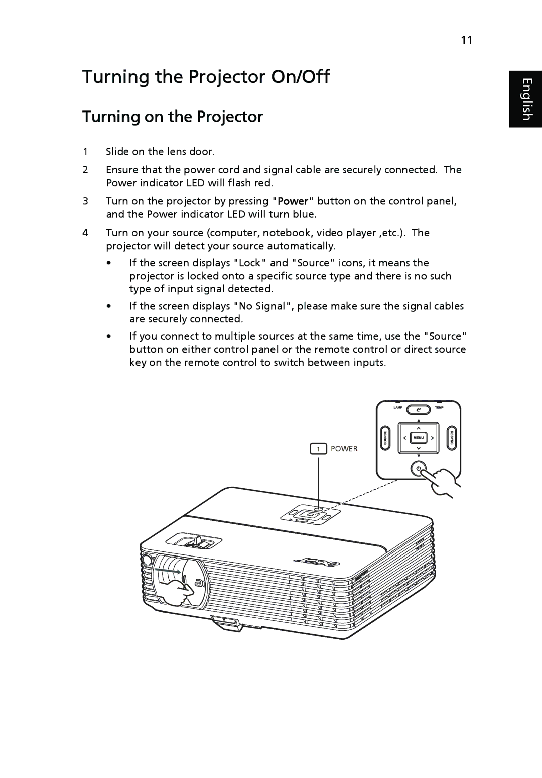 Acer P5270, P1265P, P1165P, P5370W, P5260i manual Turning the Projector On/Off, Turning on the Projector 