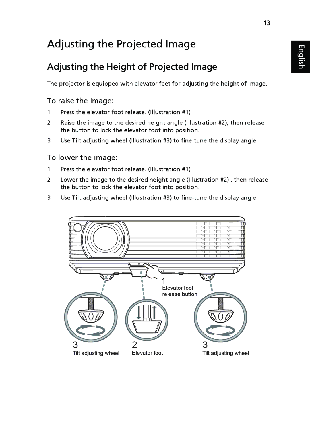 Acer P1265P, P1165P, P5370W, P5270, P5260i manual Adjusting the Projected Image, To raise the image, To lower the image 