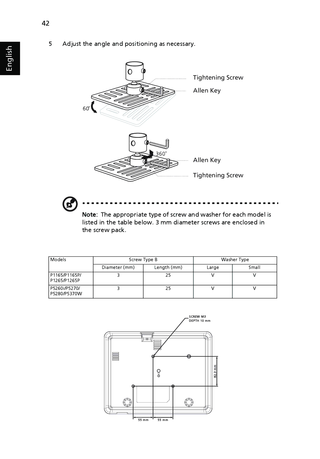 Acer P5260i, P1265P, P1165P, P5370W, P5270 manual Screw M3 