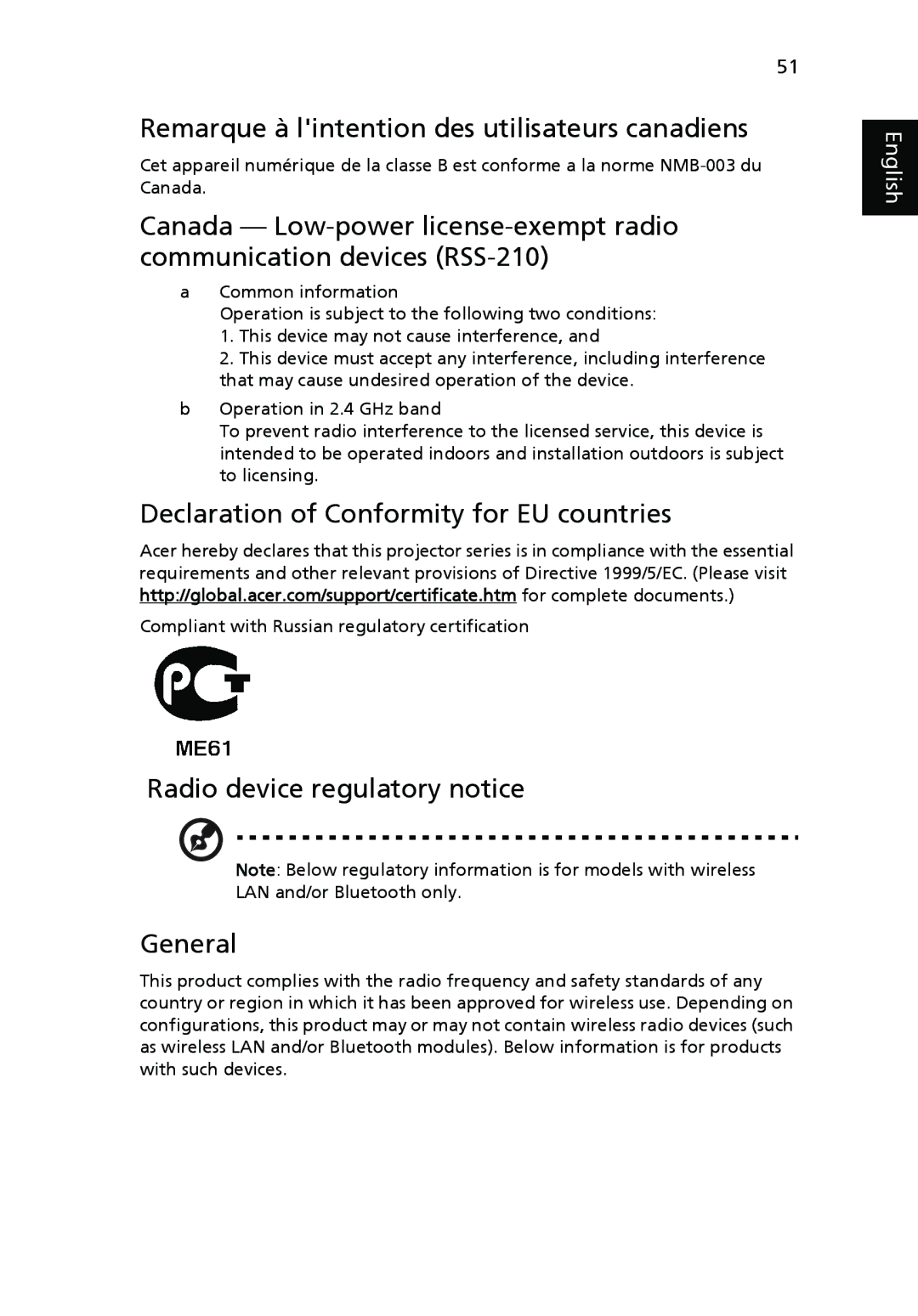 Acer P5270, P1265P, P1165P Remarque à lintention des utilisateurs canadiens, Declaration of Conformity for EU countries 