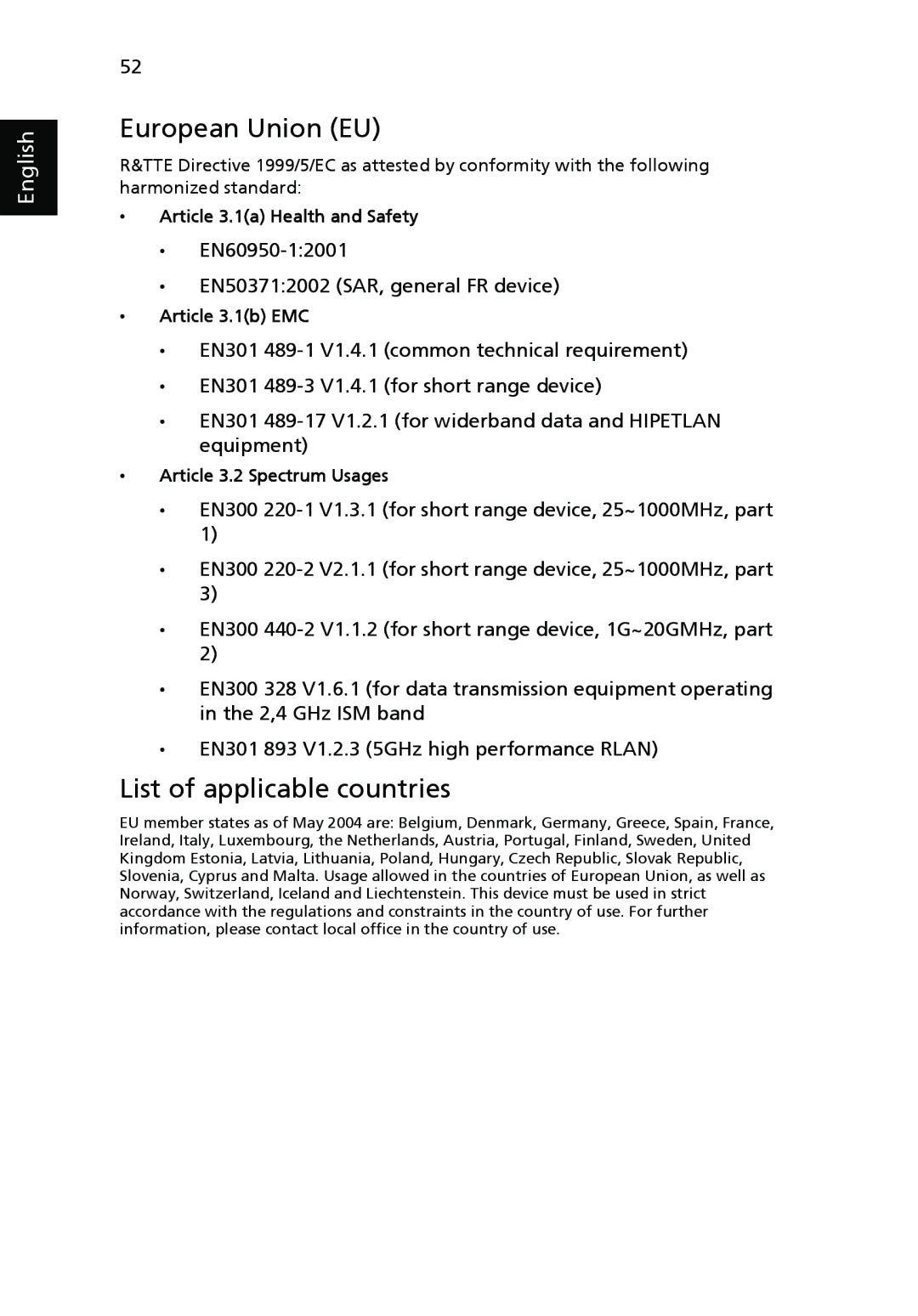 Acer P5260i, P1265P, P1165P, P5370W, P5270 manual European Union EU, List of applicable countries 