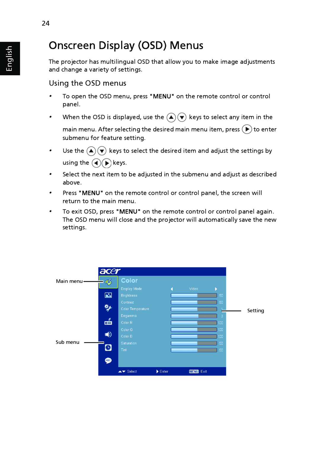 Acer P1165P, P1265P, P5370W, P5270, P5260i manual Onscreen Display OSD Menus, Using the OSD menus, English 