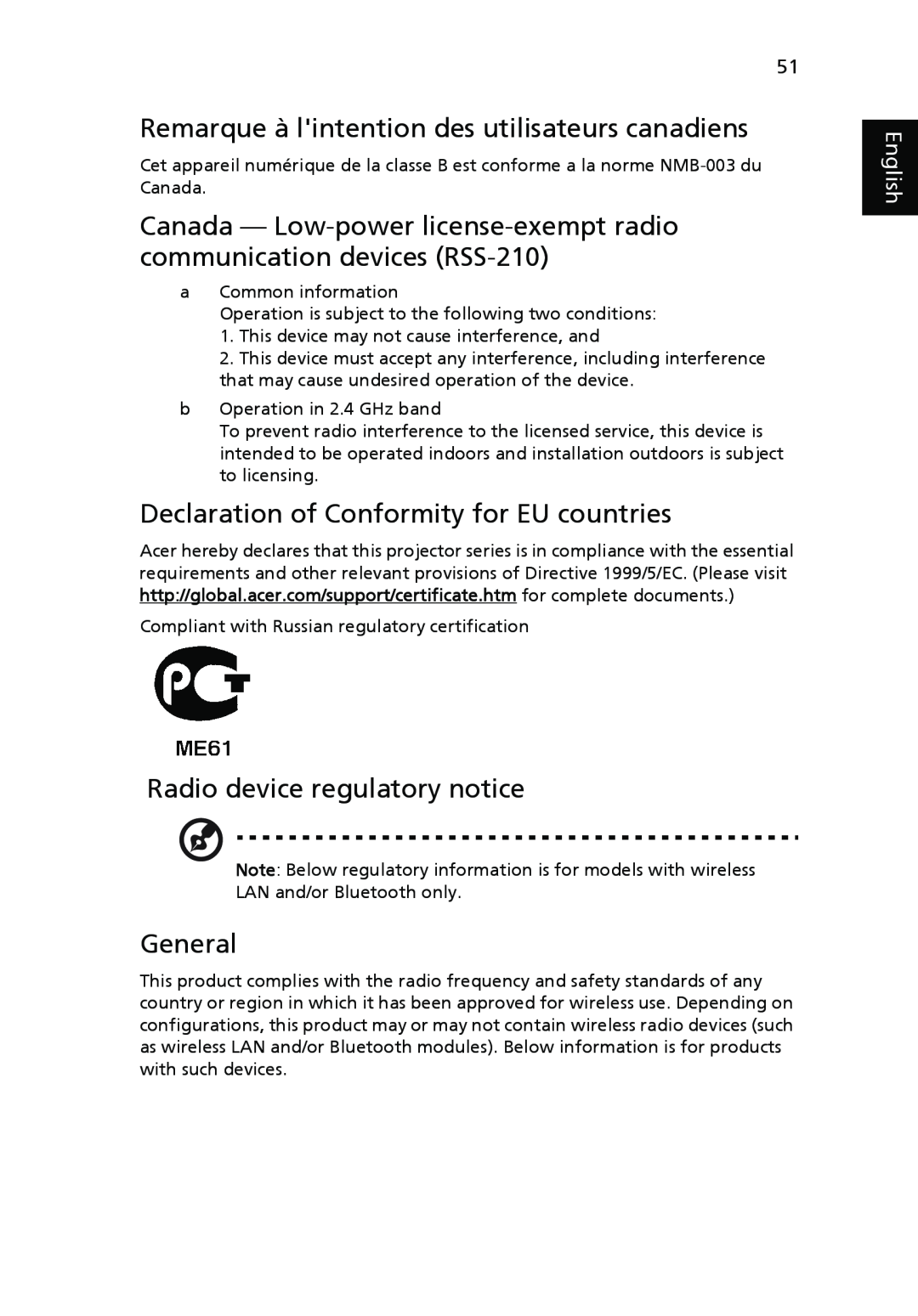 Acer P5270 Remarque à lintention des utilisateurs canadiens, Declaration of Conformity for EU countries, General, English 