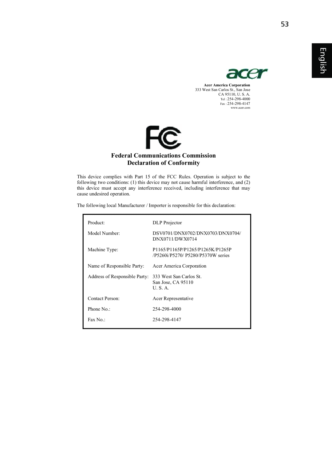 Acer P1265P, P1165P, P5370W, P5270, P5260i manual English, Federal Communications Commission Declaration of Conformity 